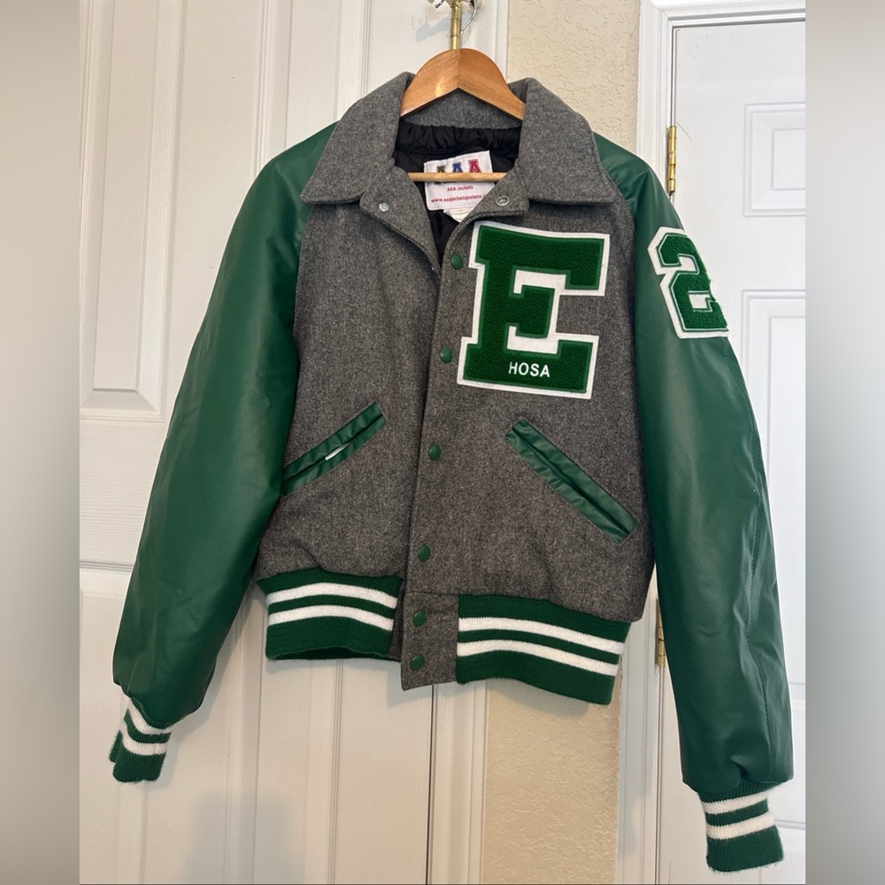 Vintage Letterman jacket size small  grey with green leather trim